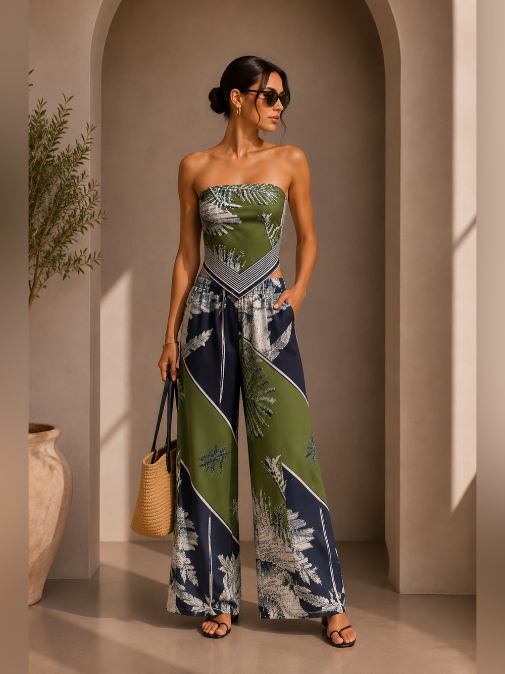 Commense Olive & Navy Strapless Handkerchief-Hem Jumpsuit